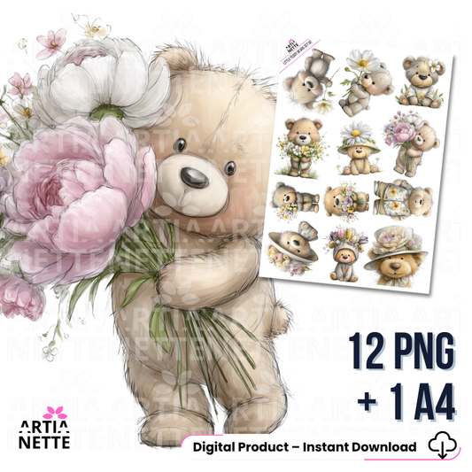 Floral Teddy Bear Clipart – misie z kwiatami do druku | 12 PNG + A4