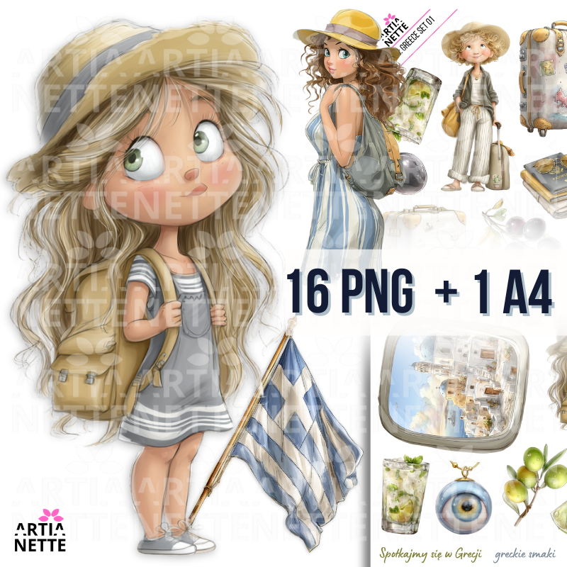 Greece Travel Clipart Set – podróżniczka, Santorini, oliwki, wakacje | 16 PNG + A4