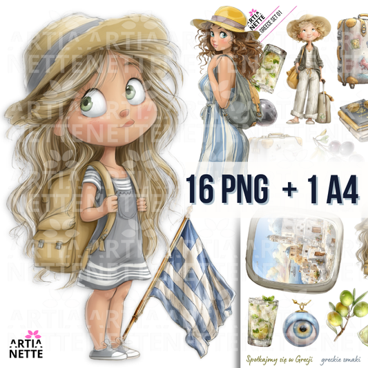 Greece Travel Clipart Set – Female Traveler, Santorini, Olives, Vacation | 16 PNG + A4