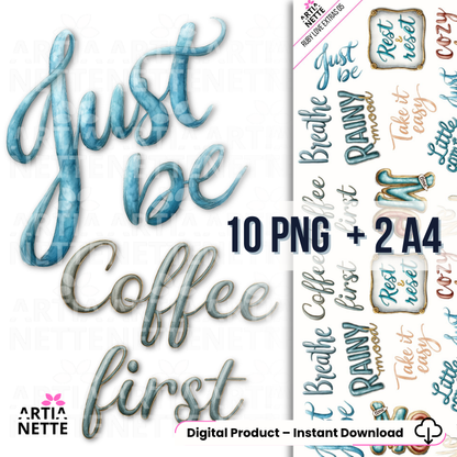 Napisy kawowe do scrapbookingu – Just Be, Coffee First | 10 PNG + 2 arkusze A4 Ruby Love Extras 05