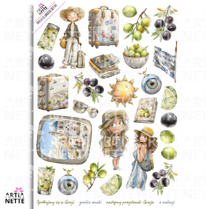 Greece Travel Clipart Set – podróżniczka, Santorini, oliwki, wakacje | 16 PNG + A4