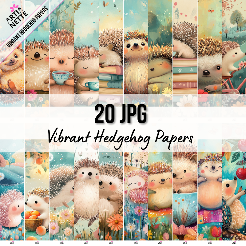 Vibrant Hedgehog Papers A4 – papiery z jeżykami, cute hedgehog digital paper, woodland animals | 20 JPG