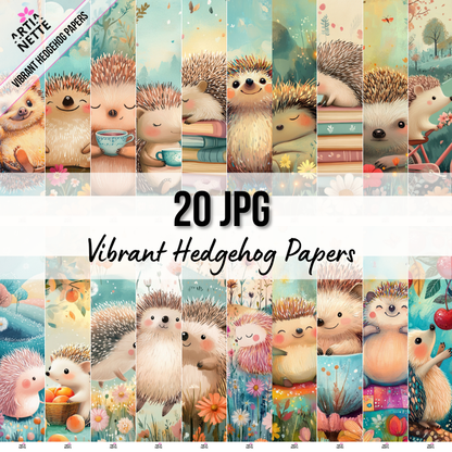 Vibrant Hedgehog Papers A4 – papiery z jeżykami, cute hedgehog digital paper, woodland animals | 20 JPG