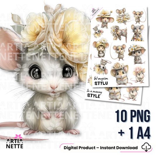 Arkusz z ilustracjami myszek ozdobionych kwiatami – zestaw 10 grafik PNG i 1 arkusz A4 w delikatnym stylu