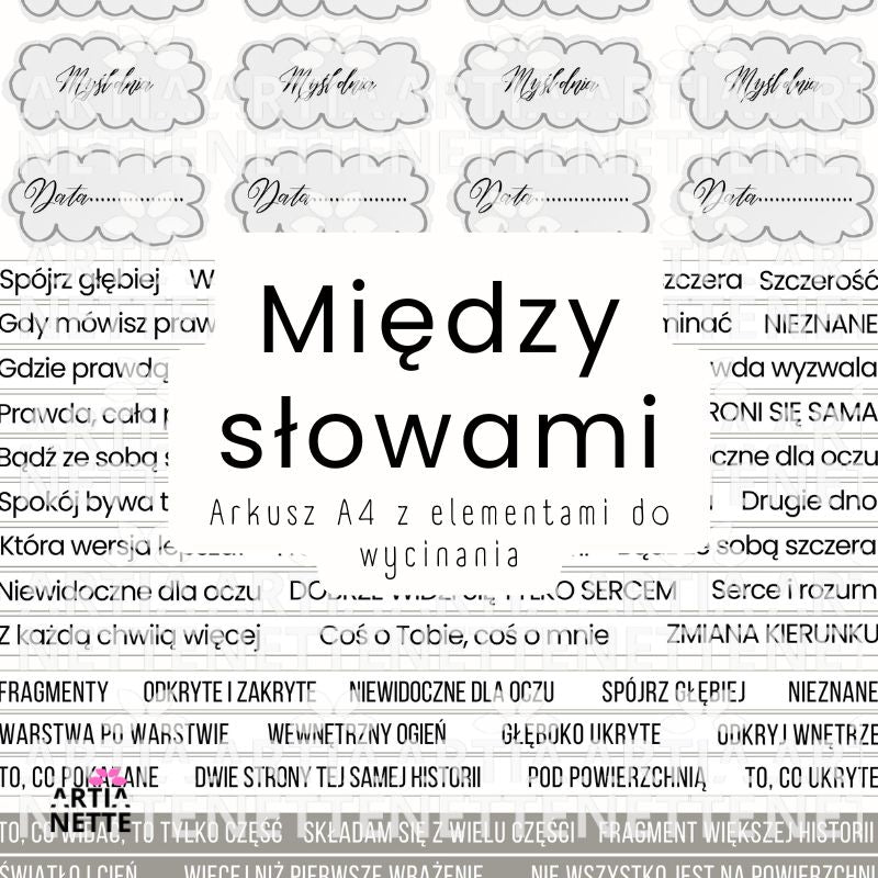 Arkusz A4 z polskimi tekstami i cytatami do journalingu i scrapbookingu na białym tle, elementy do wycinania