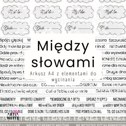 Arkusz A4 z polskimi tekstami i cytatami do journalingu i scrapbookingu na białym tle, elementy do wycinania