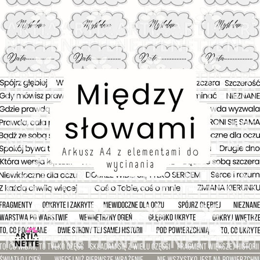 Arkusz A4 z polskimi tekstami i cytatami do journalingu i scrapbookingu na białym tle, elementy do wycinania