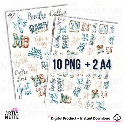Napisy kawowe do scrapbookingu – Just Be, Coffee First | 10 PNG + 2 arkusze A4 Ruby Love Extras 05