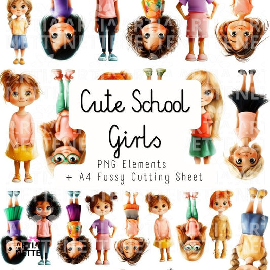 School Girls Clipart – cute watercolor girls | PNG Elements + A4 Fussy Cutting Sheet