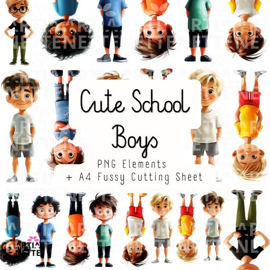 Cute Watercolor School Boys Clipart | PNG Elements + A4 Fussy Cutting Sheet