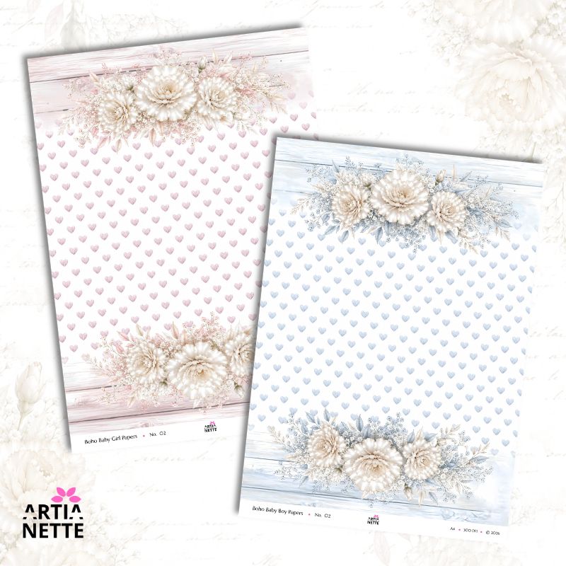 Papiery cyfrowe Boho Baby JPG A4 – pastelowe tła do scrapbookingu | Baby Girl & Boy