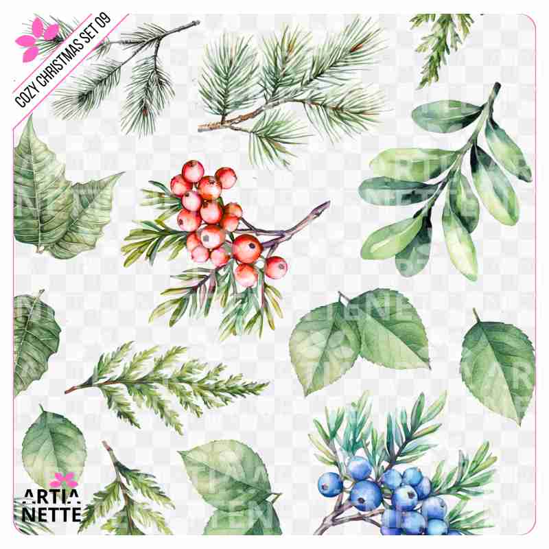 Cozy Christmas SET 09 - Arkusz A4 + 15 Oddzielnych Clipartów PNG Zimowe Gałązki, Liście i Jagody