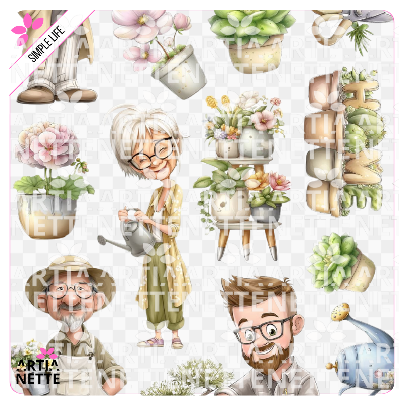 Simple Life - SET 03 Dom Kwitnie z grafikami PNG przedstawiającymi ogrodnika, rośliny doniczkowe, bonsai i akcesoria ogrodnicze oraz arkuszem A4.