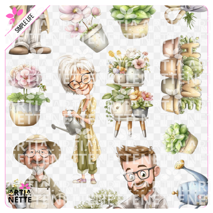 Simple Life - SET 03 Dom Kwitnie z grafikami PNG przedstawiającymi ogrodnika, rośliny doniczkowe, bonsai i akcesoria ogrodnicze oraz arkuszem A4.