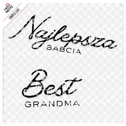 Podgląd zestawu Simple Life - SET 06 Najlepsza Babcia z grafikami PNG przedstawiającymi babcie z wnukami, babeczki i serca oraz arkuszem A4. napisy najlepsza babcia Best granma
