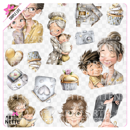 Podgląd zestawu Simple Life - SET 06 Najlepsza Babcia z grafikami PNG przedstawiającymi babcie z wnukami, babeczki i serca oraz arkuszem A4.