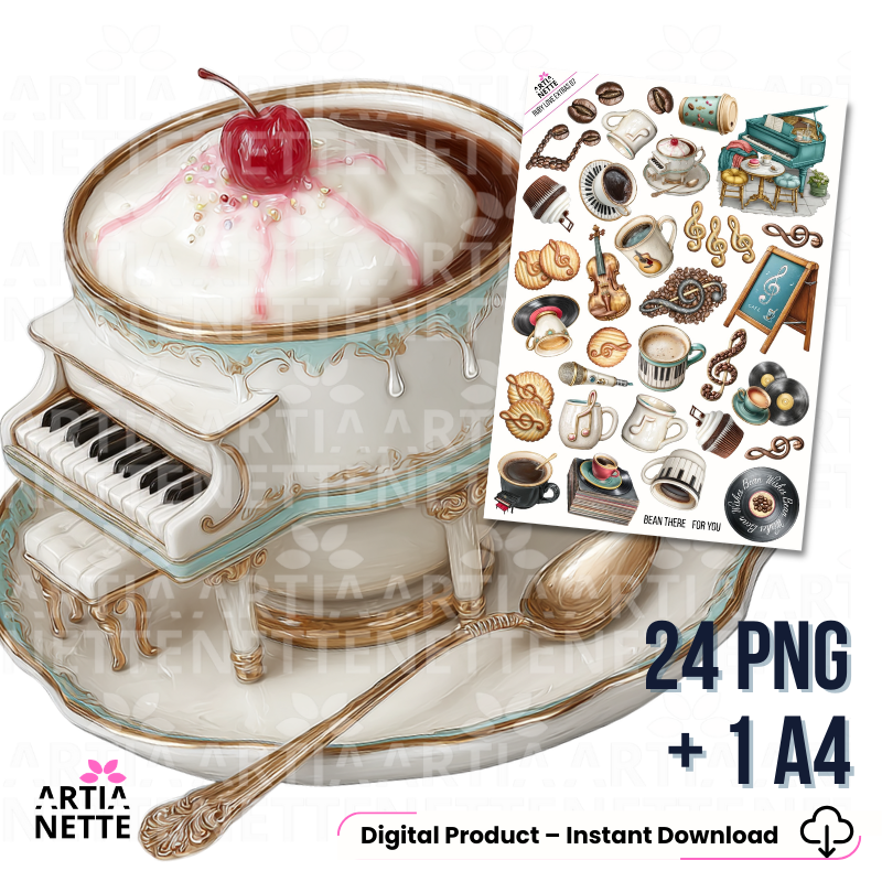 Kawa i muzyka – filiżanki, nuty i słodkości | Arkusze A4 + 24 PNG | Ruby Love Extras 07