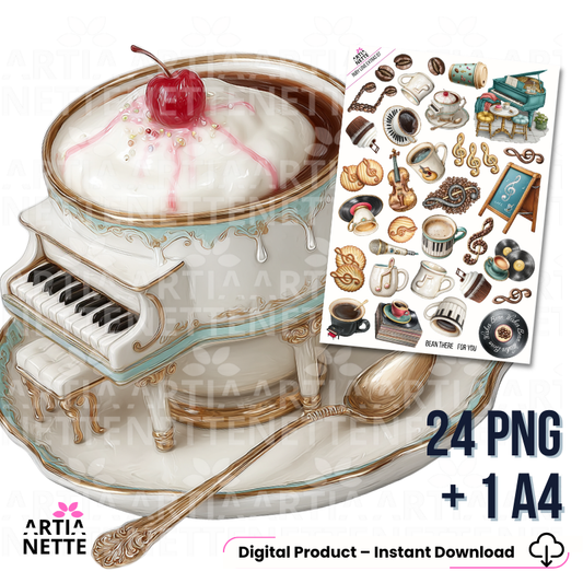 Kawa i muzyka – filiżanki, nuty i słodkości | Arkusze A4 + 24 PNG | Ruby Love Extras 07