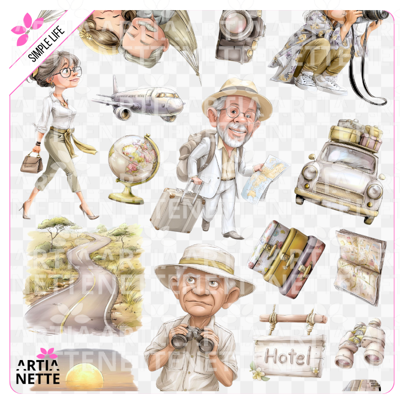 Arkusz z elementami do wycięcia i grafiki PNG do scrapbookingu oraz rękodzieła. Zestaw kreatywny idealny na warsztaty, przedstawiający motywy podróży, wakacji, samolotu i akcesoriów turystycznych.