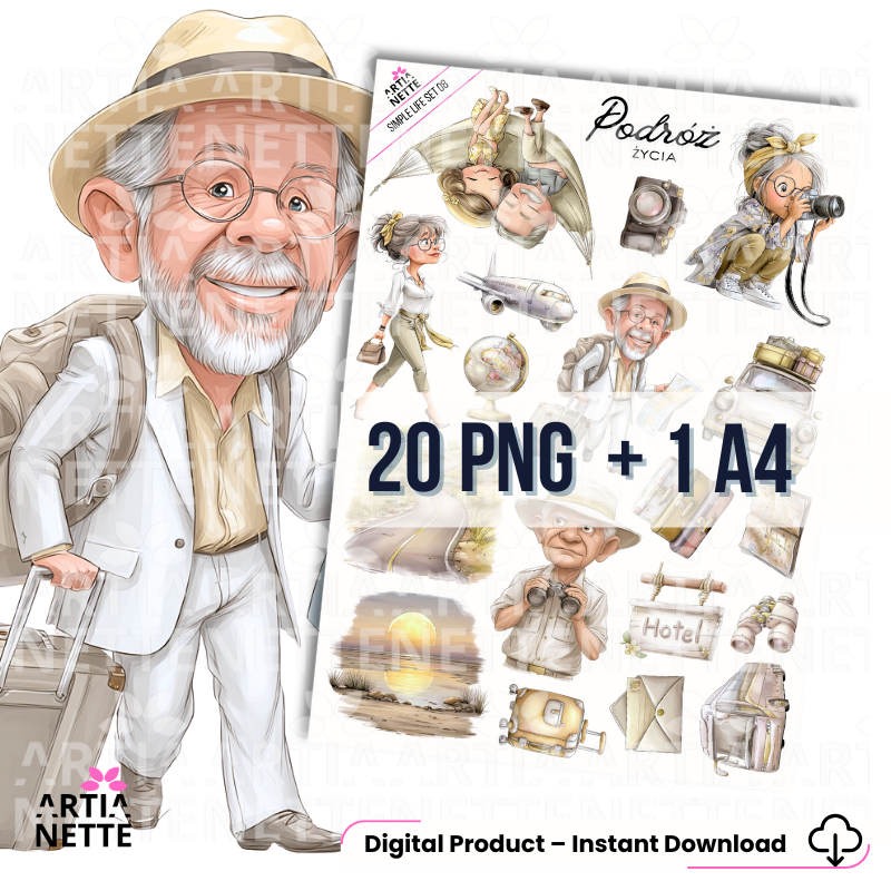 Arkusz z elementami do wycięcia i grafiki PNG do scrapbookingu oraz rękodzieła. Zestaw kreatywny idealny na warsztaty, przedstawiający motywy podróży, wakacji, samolotu i akcesoriów turystycznych.