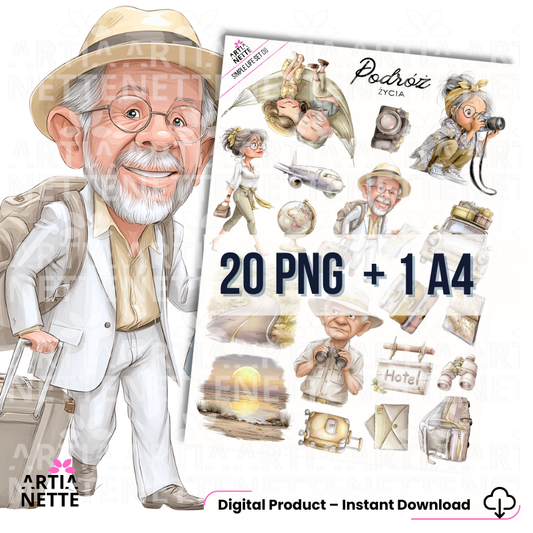 Arkusz z elementami do wycięcia i grafiki PNG do scrapbookingu oraz rękodzieła. Zestaw kreatywny idealny na warsztaty, przedstawiający motywy podróży, wakacji, samolotu i akcesoriów turystycznych.