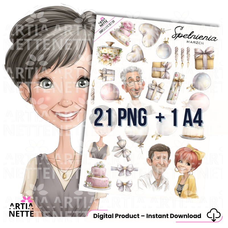 Arkusz z elementami do wycięcia i grafiki PNG do scrapbookingu oraz rękodzieła. Zestaw kreatywny idealny na warsztaty, przedstawiający motywy urodzin, tortów, prezentów i świętowania.