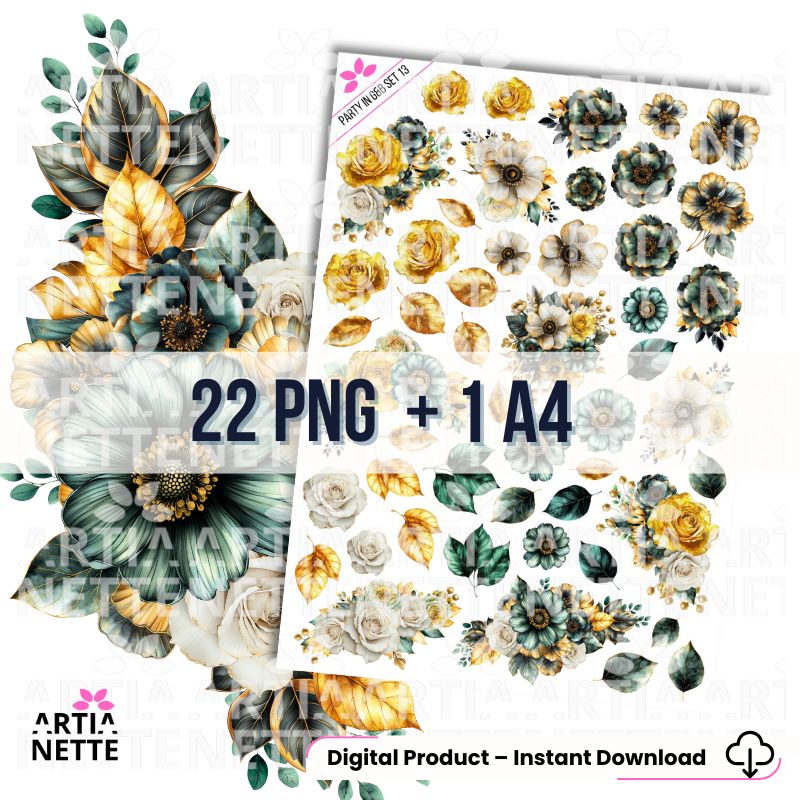 Party in Gold & Black SET 13 - Arkusz A4 + 22 Oddzielnych Clipartów PNG Złote i Butelkowe Kwiaty