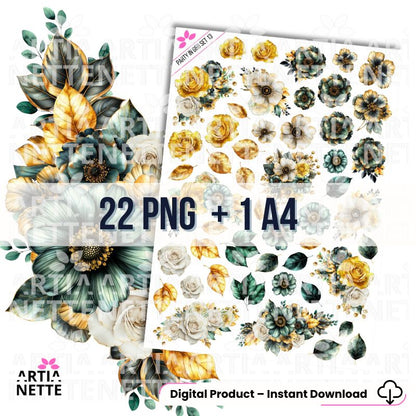 Party in Gold & Black SET 13 - Arkusz A4 + 22 Oddzielnych Clipartów PNG Złote i Butelkowe Kwiaty