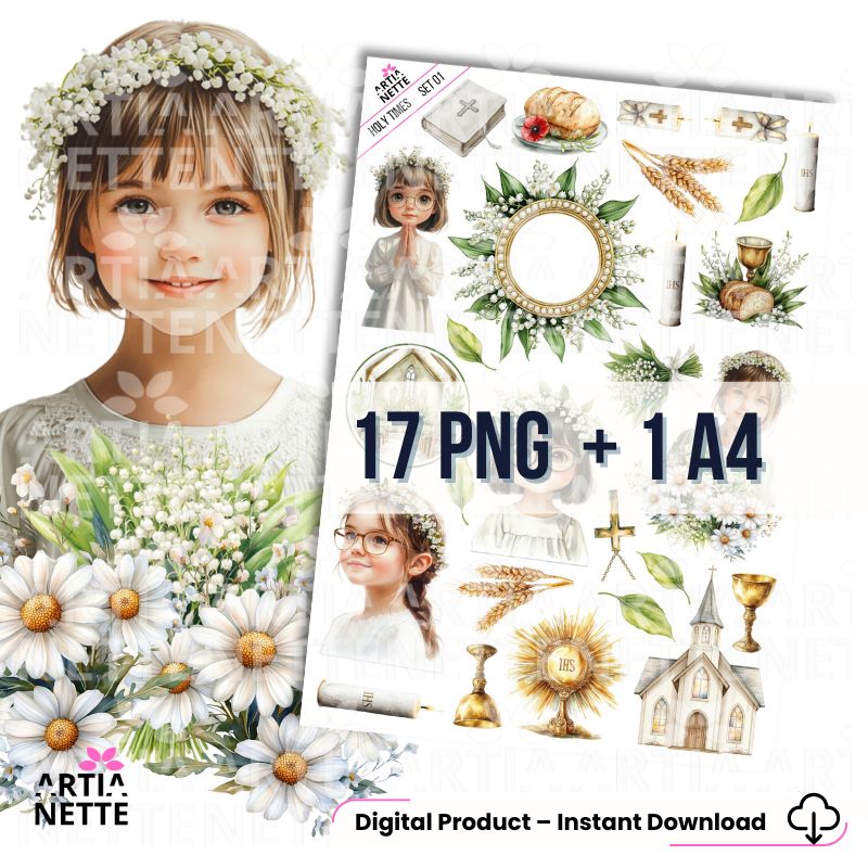Holy Times SET 01 - 17 PNG + arkusz A4 - Komunia, dziewczynki komunijne