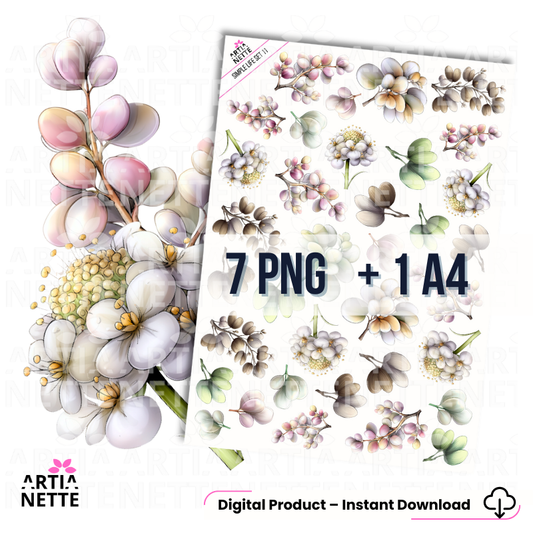 Simple Life SET 11 - Grafiki PNG i arkusz A4 - Gałązki, listki, dodatki florystyczne