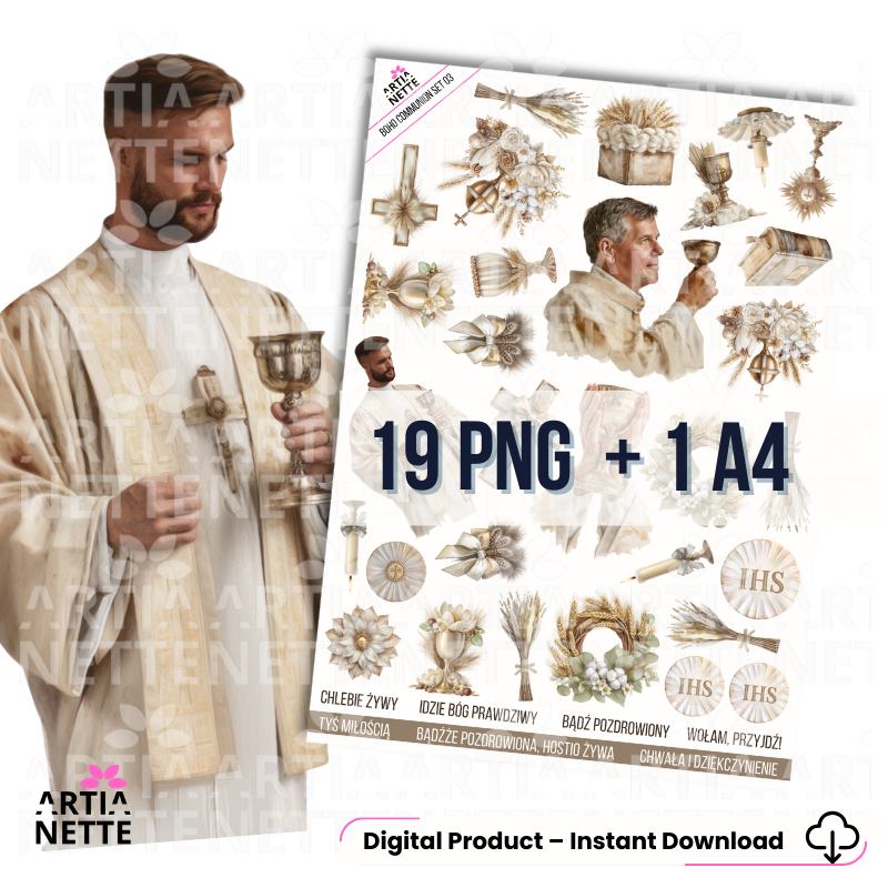 Boho Communion SET 03 | zestaw grafik PNG – motywy kapłana i symbole eucharystyczne