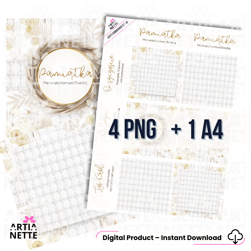 Boho Communion SET 08 | zestaw grafik PNG – okładki i karty do boxów komunijnych