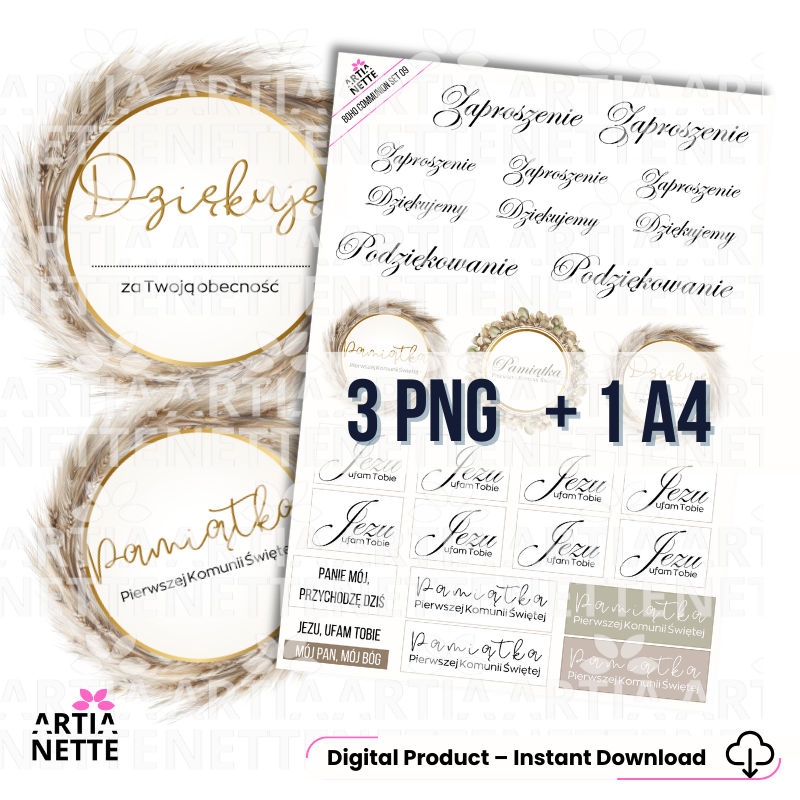Boho Communion SET 09 | zestaw grafik PNG – napisy komunijne i teksty do boxów