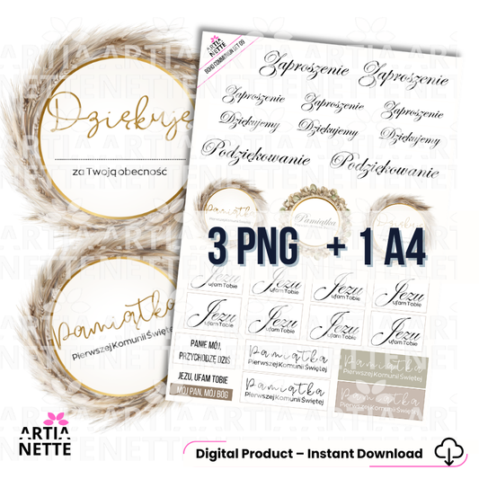 Boho Communion SET 09 | zestaw grafik PNG – napisy komunijne i teksty do boxów