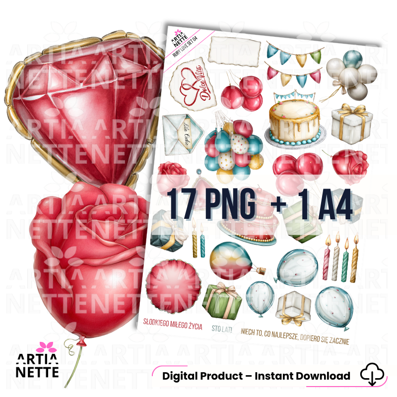 Ruby Love SET 04 | zestaw grafik PNG – urodziny, tort i balony
