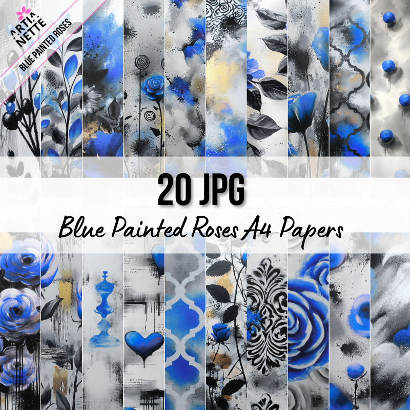 Blue Painted Roses – Artystyczne tła A4 do mixed-mediów i journalingu