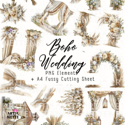 Boho wedding gazebo – ceremony decorations, arches, flowers, PNG set + A4 sheet Boho Wedding SET 08