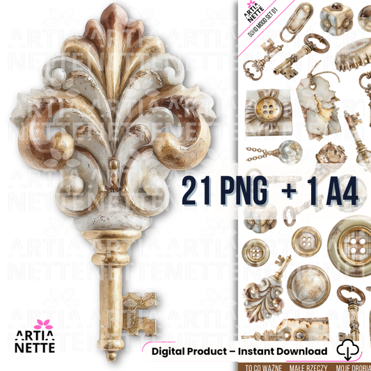 Boho Mood Clipart – vintage klucze, detale i dodatki SET 01 - 21 PNG + A4