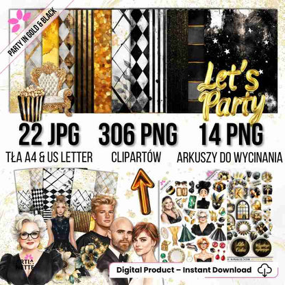 Party in Gold & Black - Mega Kolekcja: 306 PNG + 22 Tła JPG + 14 Arkuszy A4