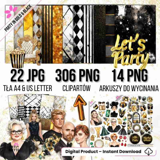 Party in Gold & Black - Mega Kolekcja: 306 PNG + 22 Tła JPG + 14 Arkuszy A4
