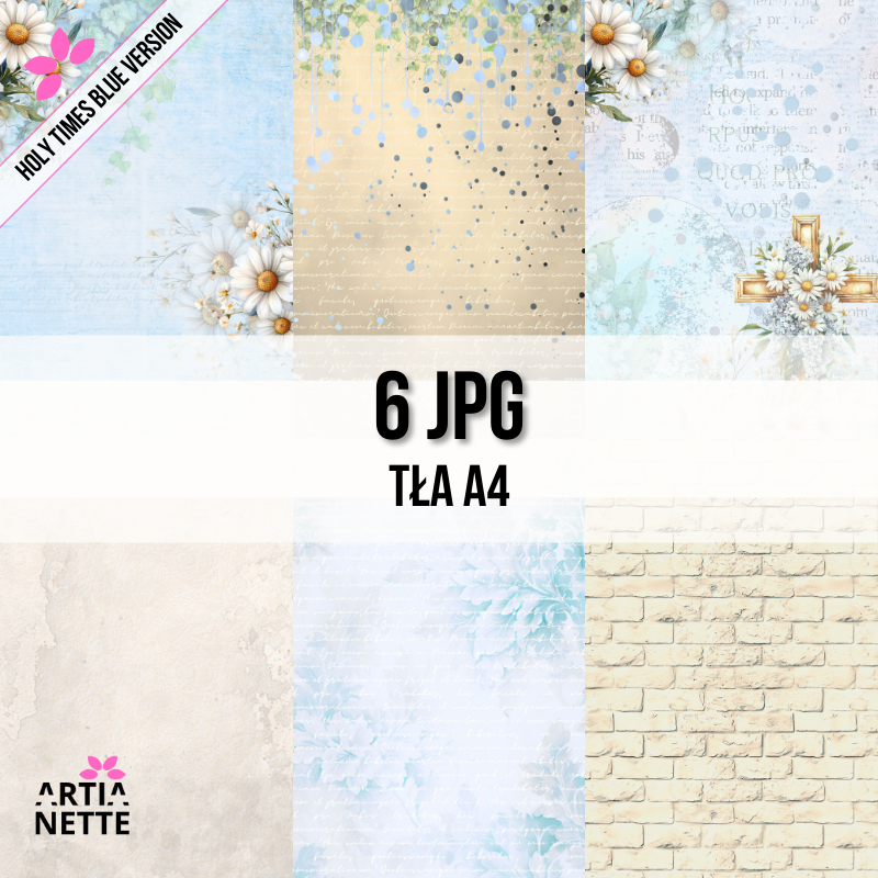 Holy Times Blue Backgrounds - 6 plików JPG - Arkusze A4 - Tła na Komunię i Chrzest