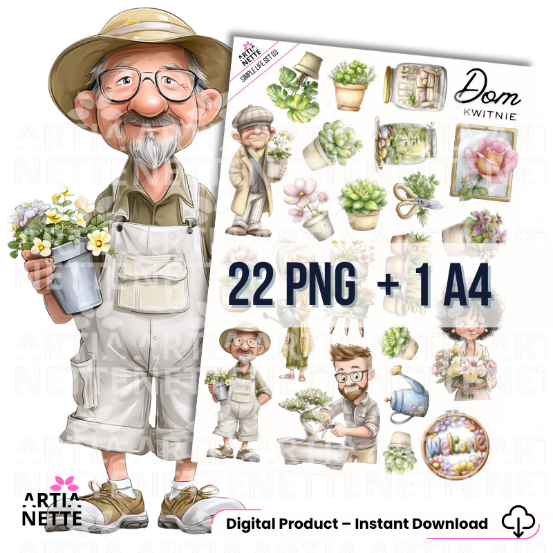 Simple Life - SET 03 Dom Kwitnie z grafikami PNG przedstawiającymi ogrodnika, rośliny doniczkowe, bonsai i akcesoria ogrodnicze oraz arkuszem A4.