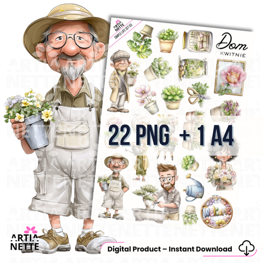 Simple Life - SET 03 Dom Kwitnie z grafikami PNG przedstawiającymi ogrodnika, rośliny doniczkowe, bonsai i akcesoria ogrodnicze oraz arkuszem A4.