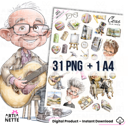 Arkusz z elementami do wycięcia i grafiki PNG do scrapbookingu oraz rękodzieła. Zestaw kreatywny idealny na warsztaty, przedstawiający motywy hobby, muzyki i sztuki