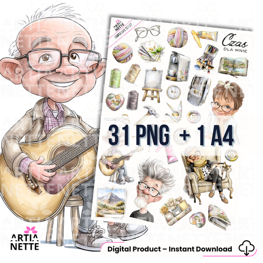 Arkusz z elementami do wycięcia i grafiki PNG do scrapbookingu oraz rękodzieła. Zestaw kreatywny idealny na warsztaty, przedstawiający motywy hobby, muzyki i sztuki