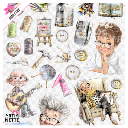 Arkusz z elementami do wycięcia i grafiki PNG do scrapbookingu oraz rękodzieła. Zestaw kreatywny idealny na warsztaty, przedstawiający motywy hobby, muzyki i sztuki