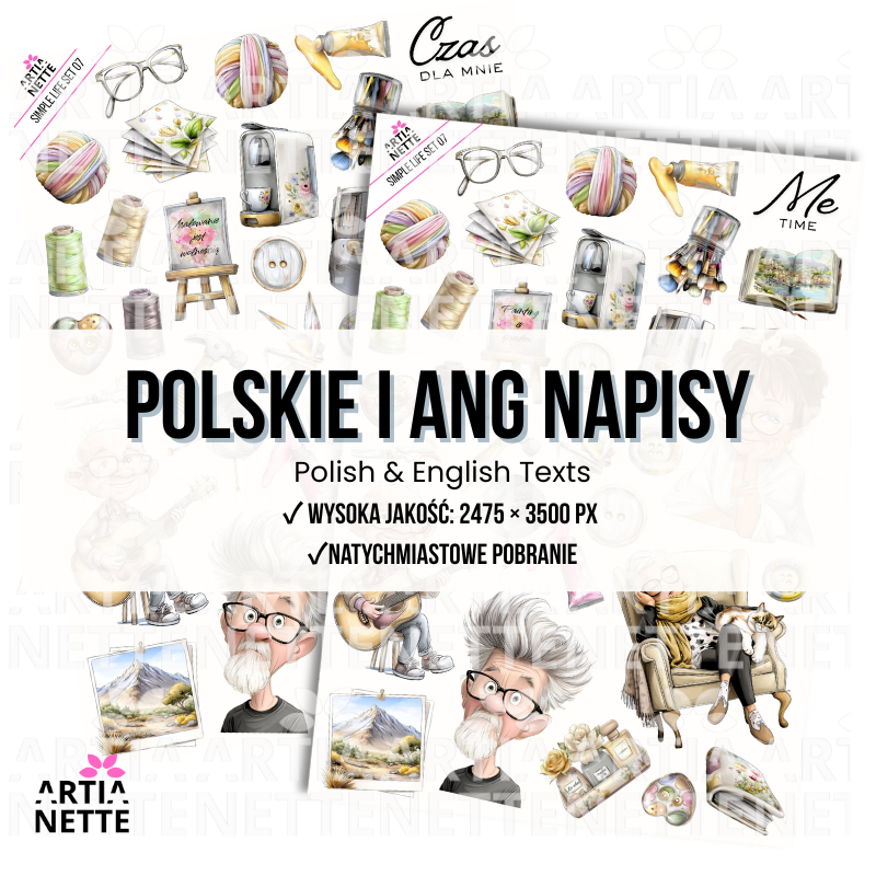 Arkusz z elementami do wycięcia i grafiki PNG do scrapbookingu oraz rękodzieła. Zestaw kreatywny idealny na warsztaty, przedstawiający motywy hobby, muzyki i sztuki