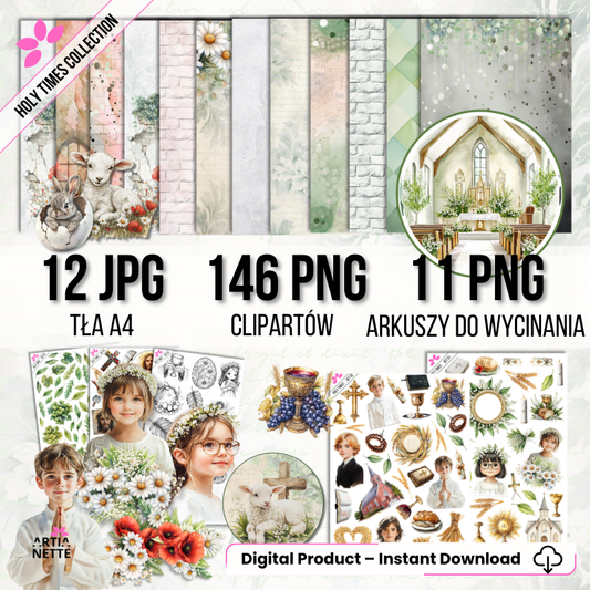 Holy Times Collection, kolekcja papierów do scrapbookingu, religijny zestaw grafik PNG i teł JPG A4 do scrapbookingu, komunia i Wielkanoc