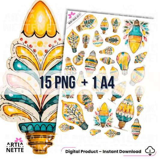 15 Clipartów PNG + 1 A4 "Merry Bulbs Set 01". Akwarelowe żarówki i bombki świąteczne zdobione w etniczne, ludowe wzory w kolorach żółtym, złotym i turkusowym.