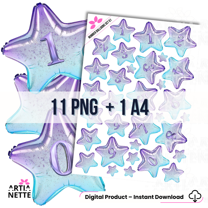 11 Clipartów PNG Number Balloons Set 01. Balony w kształcie gwiazd z cyframi (od 0 do 9) w holograficznym fioletowo-niebieskim kolorze. Idealne do zaproszeń urodzinowych.